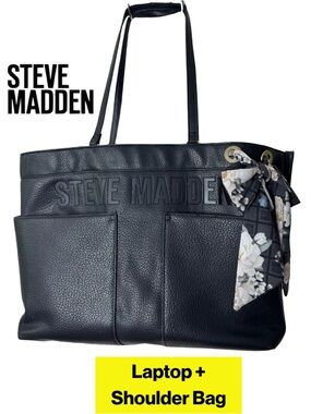 STEVE MADDEN 🪷 Pebbled Black Leather Large Laptop Tote, Floral Scarf Accent
